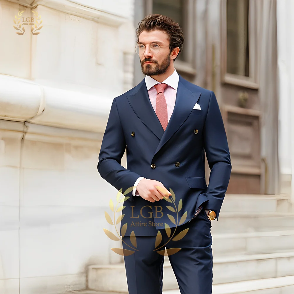 

Men's suit navy blue gentleman suit double breasted peaked lapel stylish 2 piece suit jacket pants slim fit casual suit jacket