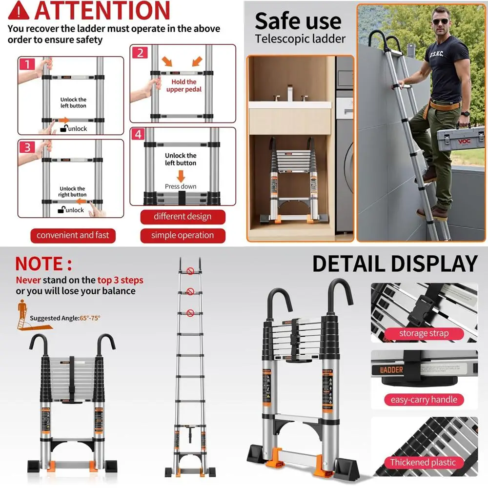 

Алюминиевая телескопическая лестница, устойчивый крючок и стержень, грузоподъемность 330 фунтов, складная, 8,5 футов для автофургонов и на открытом воздухе