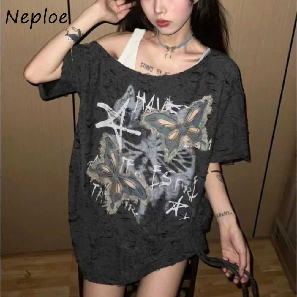 Neploe Loose Embroidery Streetwear Print Butterfly Crop Top Harajuku E-Girl Slash Neck Half Sleeve T-shirt Clavicle Exposed Tops