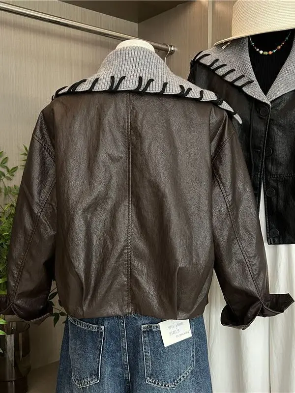 韓国 Sle ネイビーカラーニットスプライシングレザー Jaet 女性の秋の新デザインハイエンド Aosphere レザーコート