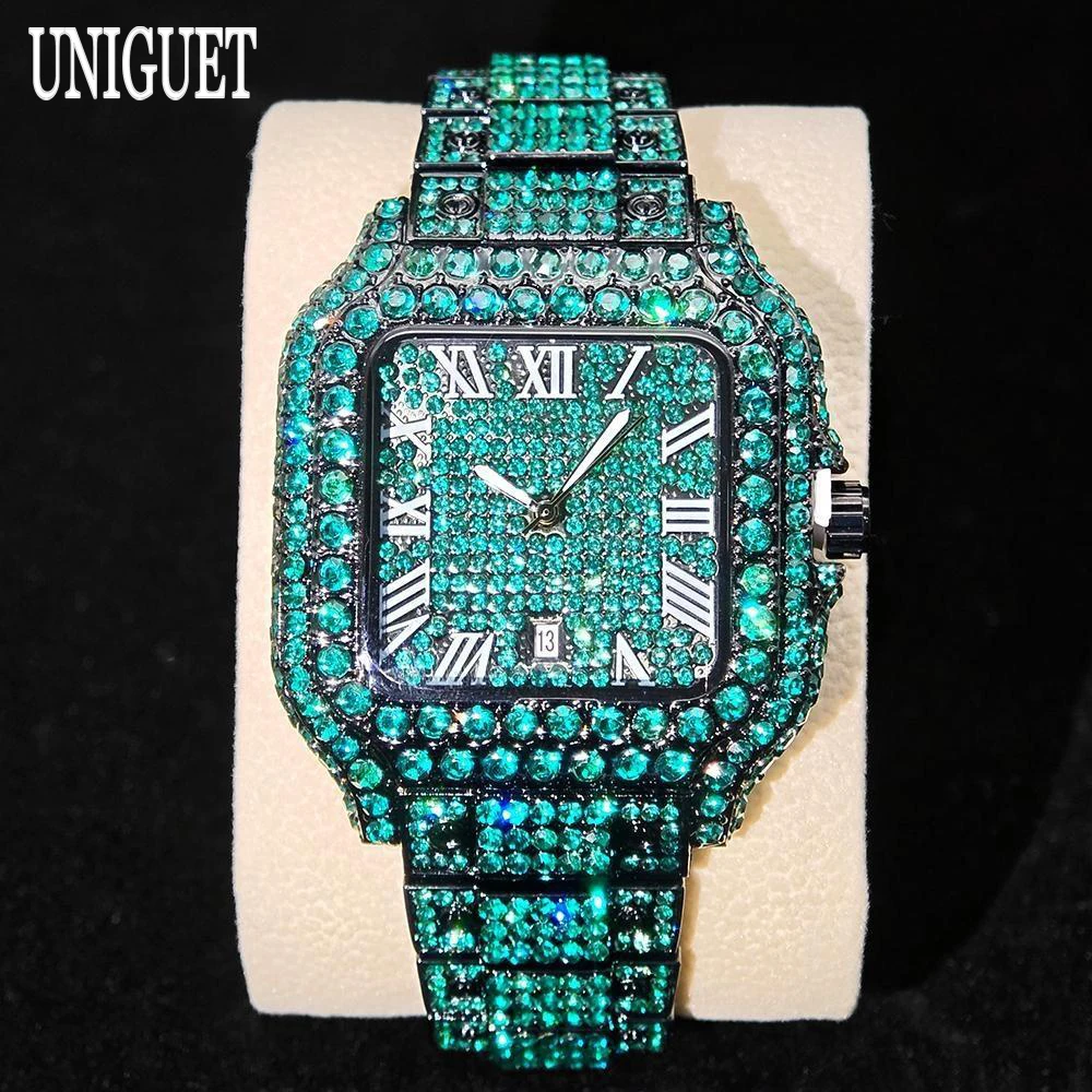 

Новые модные зеленые часы 2026 года для мужчин: роскошные квадратные наручные часы из нержавеющей стали, мужские часы в стиле хип-хоп с полным бриллиантовым паве, часы для парней