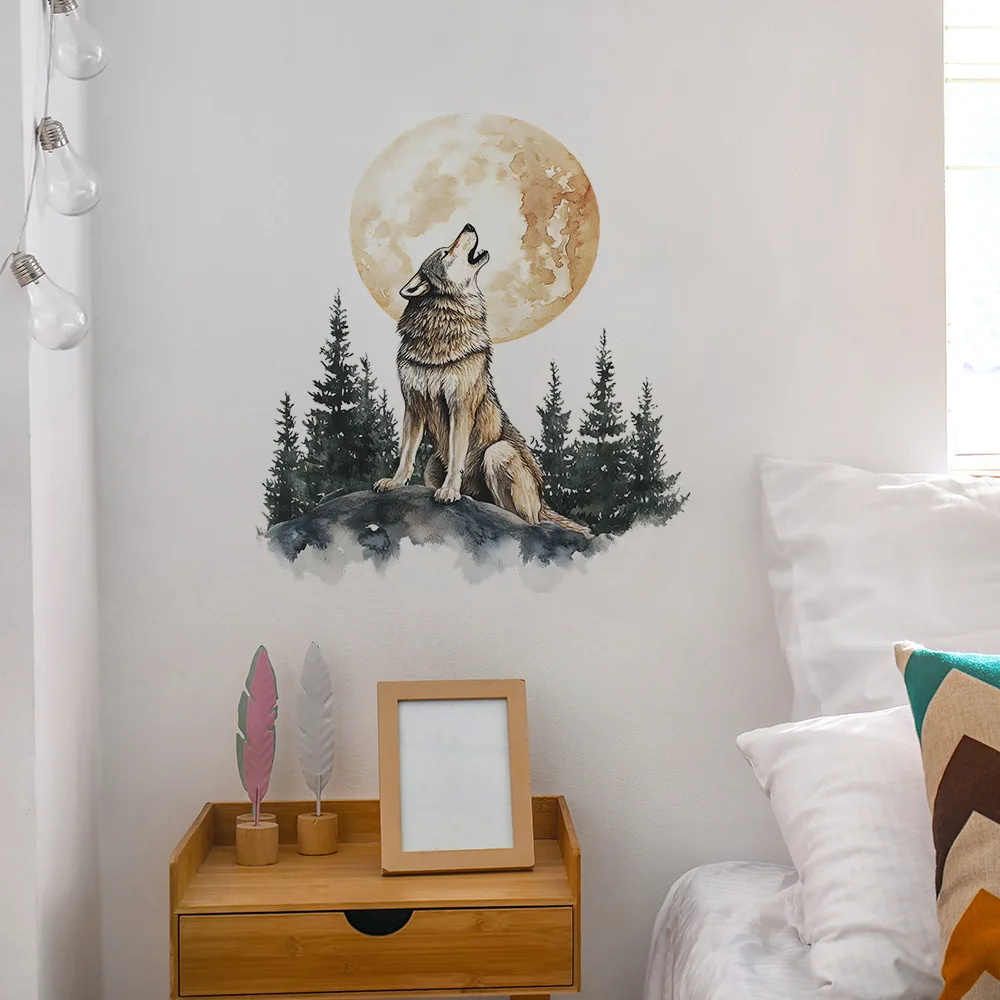 Watercolor Howling Wolf Wall Decal, Wolf with Full Moon & Pine Trees Removable Bedroom & Cabin Decor Sticker