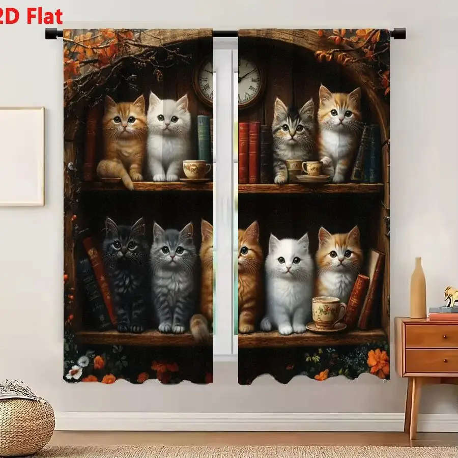 2Pcs Curtains 2D Flat Whimsical Wooden Bookshelf With Kittens Books Teacups Autumn Foliage Archway Storybook Scene Window Drapes
