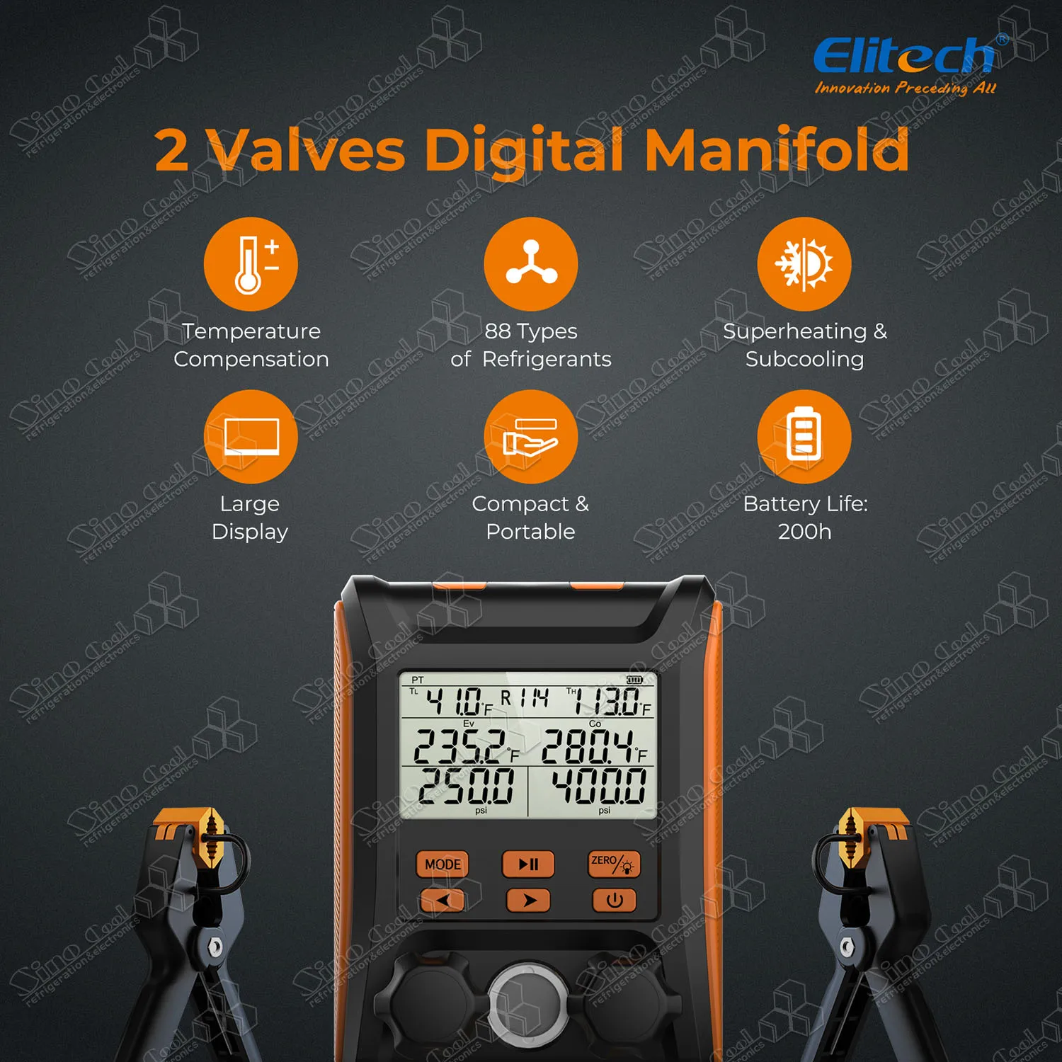 

2025 Elitech HVAC Digital Manifold Gauge 2 Valves With Thermometer Clamps MS-1000