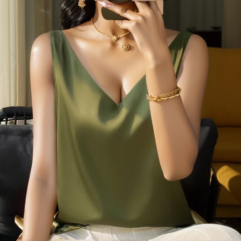New Lce Silk Satin Camisole Women's Spring/Summer Solid Color Sleeveless Sexy Comfortable Silk Underwear Vest RW-D09
