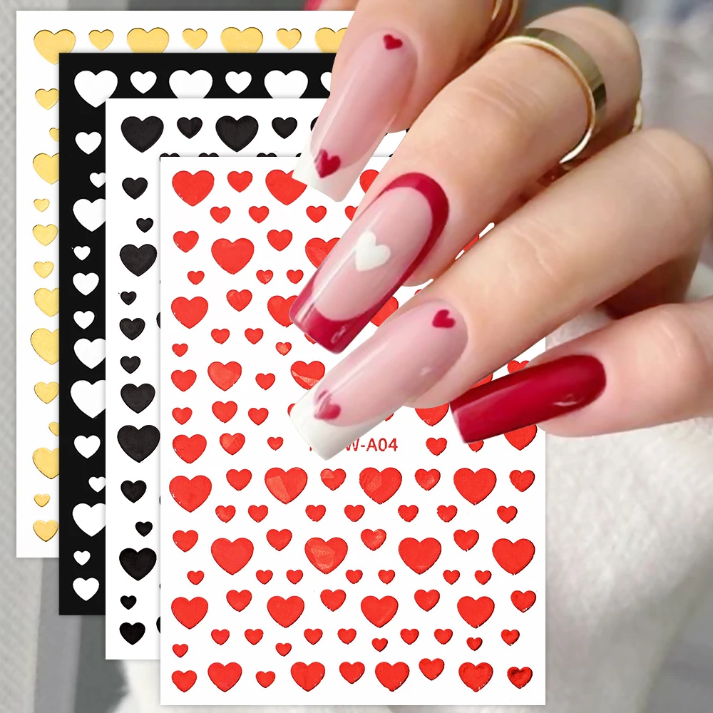 1pc Red Heart Nail Stickers Gold Silver Black Self-Adhesive Slider Nail Art Decoration Stickers Valentines Day Manicure Decals