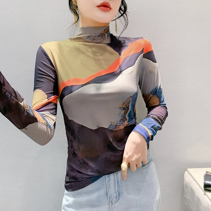 Czarny, koreański, styl, zima, koszulka, seksowny, golf, siateczka, druk pozycjonujący, kobiety, topy, długi rękaw, slim, koszulki, 2024, nowy, 4102807