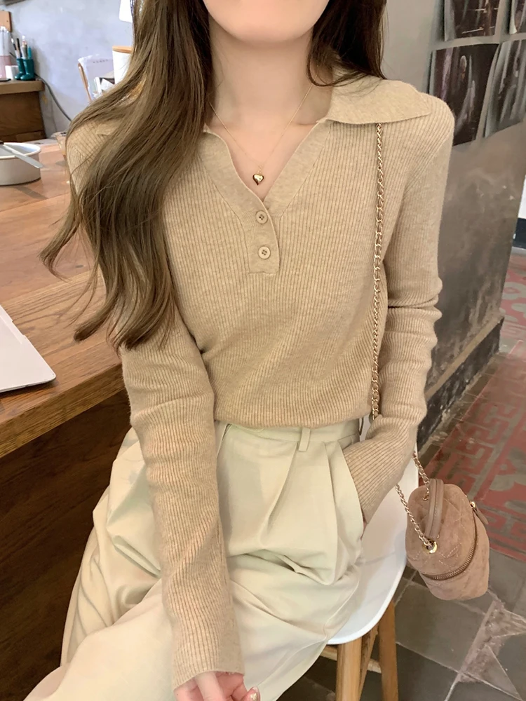 2024 new female sweater autumn half-open V-lapel pullover Korean version of long-sleeved wearing loose sweater slim button tops