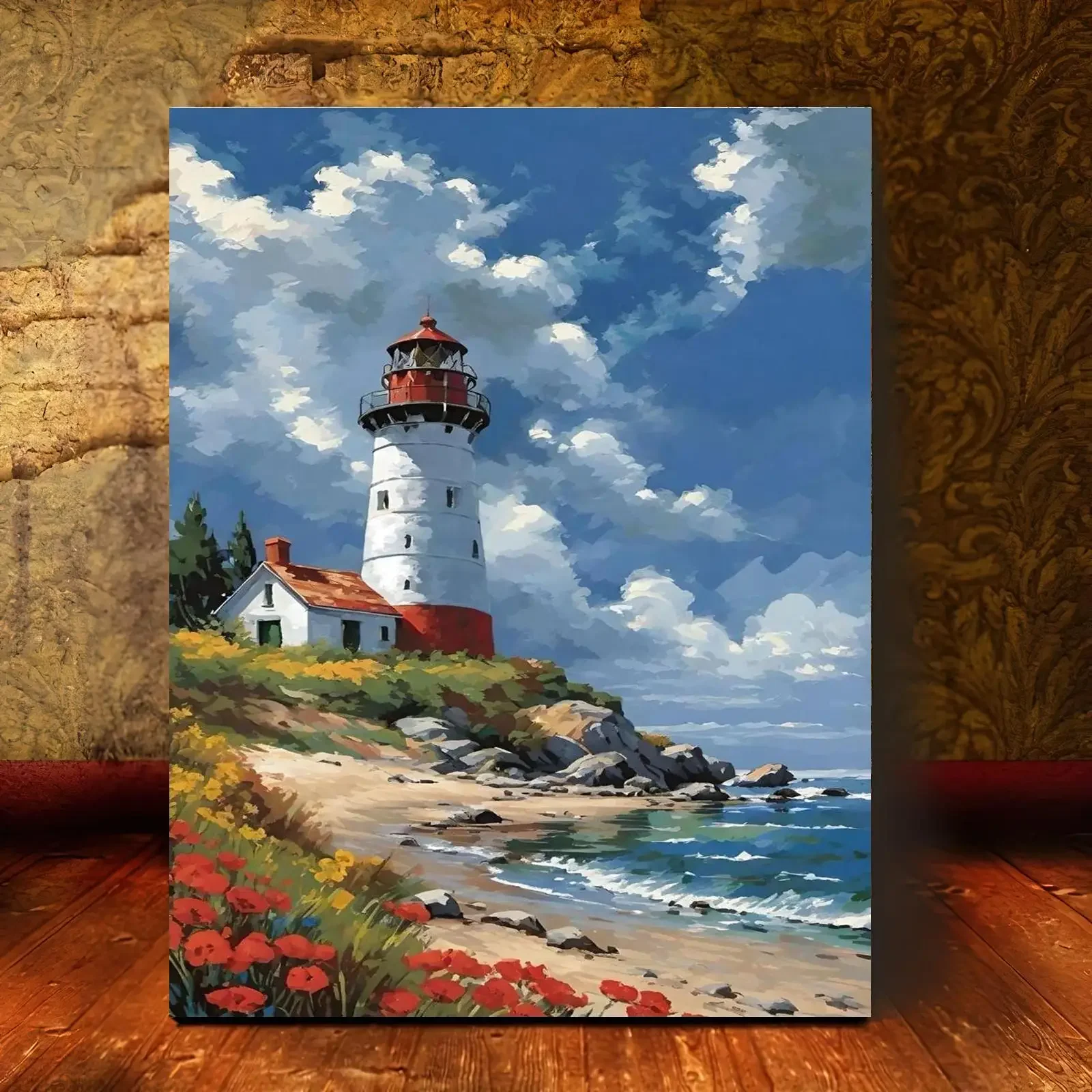 Professional Art Use 1pc Frameless Digital Oil Painting Kit, Beautiful Scenery of Seaside Lighthouse And Lush Flowers, Includ
