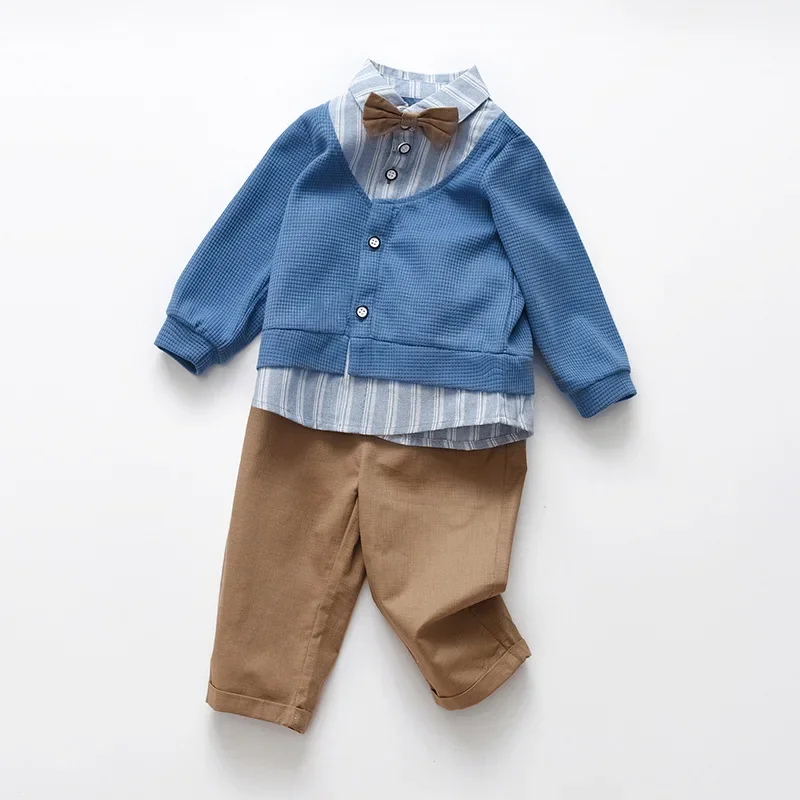 2024 New Gentalman Newborn Kid Baby Boy Suit Outfit Children Kids Autume Clothing Top Knitted Shirts+pants Overall 2PCS Sets