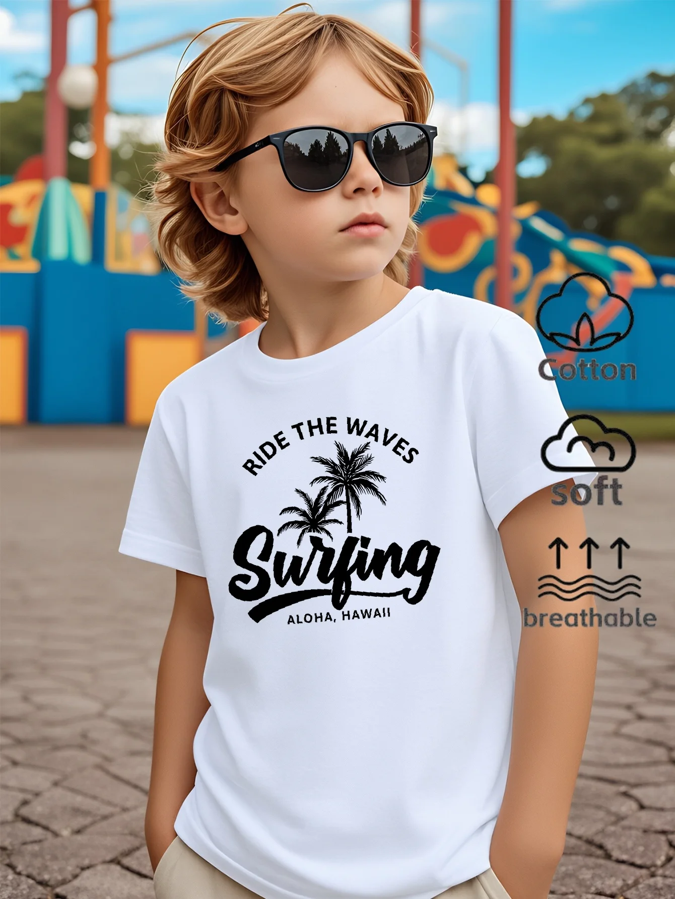 Wave Surfing Aloha Hawaiian Pattern Machine Washable Children's T-shirt Soft and Comfortable Top Breathable Parent-child Outfit