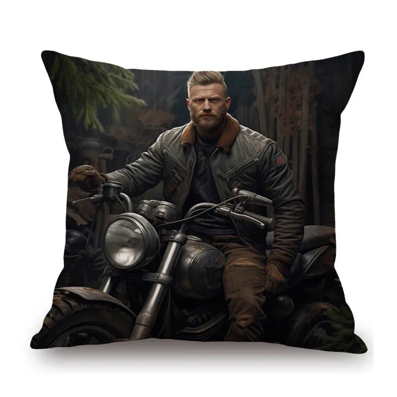 Handsome Beard Masculine Man Hunk Guy Funky Muscle Motorcycle Sexy Man Cotton Linen Home Decorative Pillow Case Cushion Cover