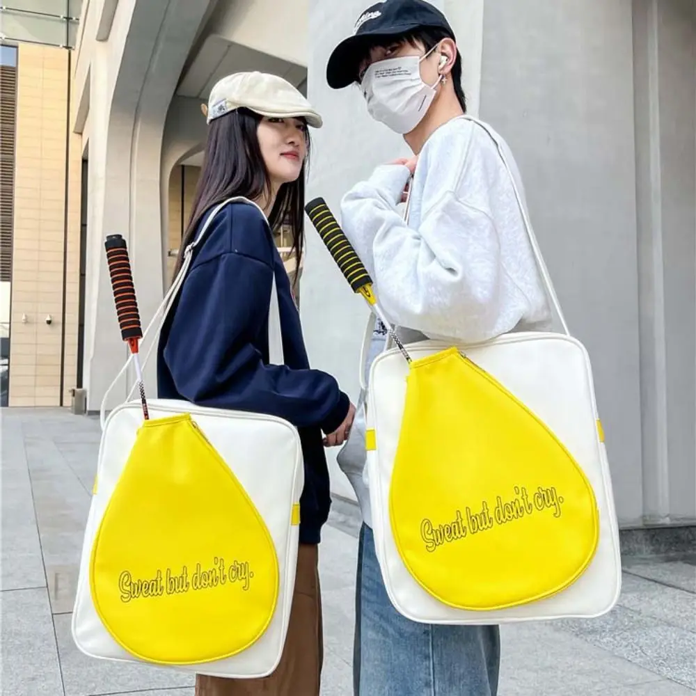 large-capacity-badminton-racket-bag-single-shoulder-pu-leather-badminton-racket-organizer-waterproof-white-yellow-racket-bag