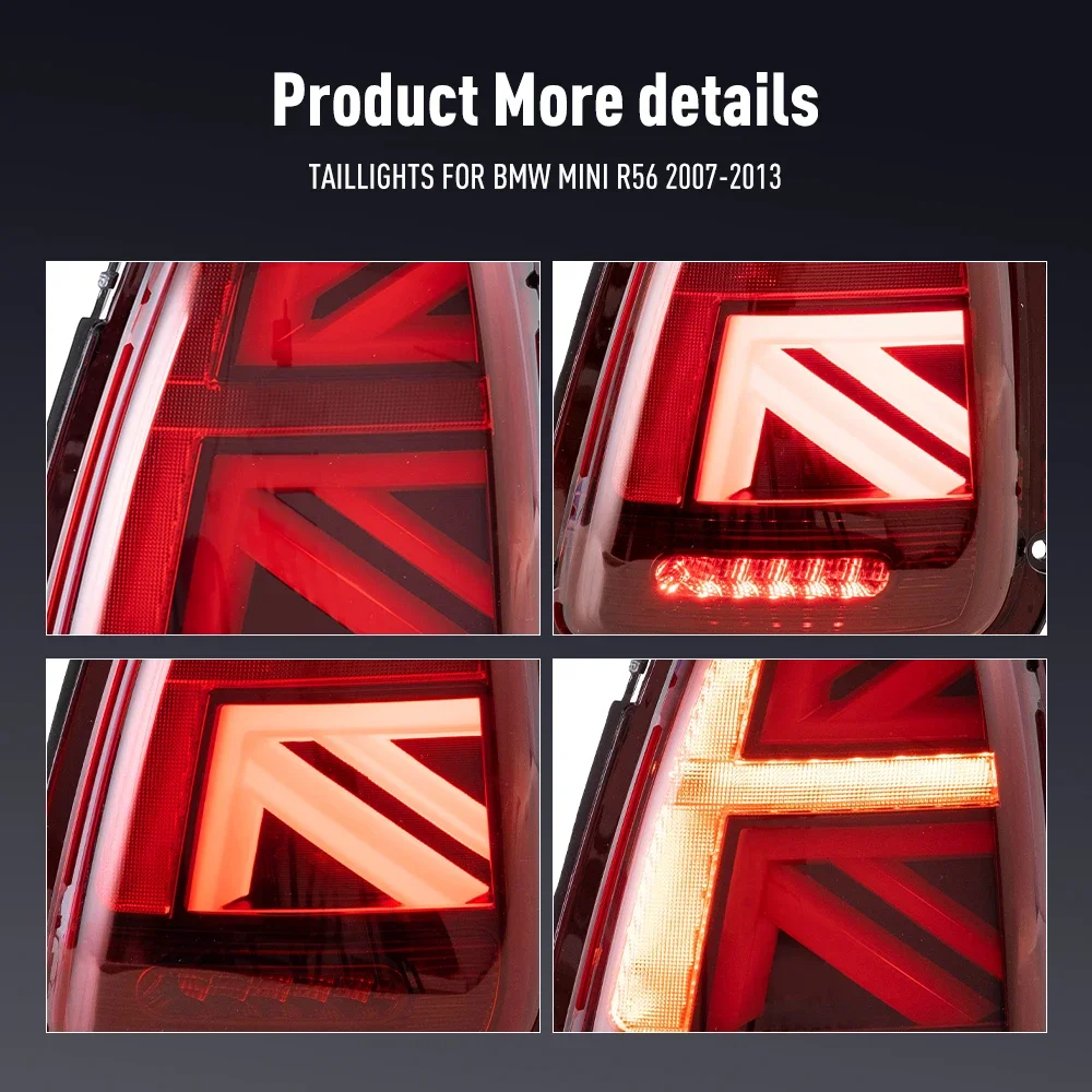 BMW MINI R56 2007-2013用LEDテールライトペア、DRL、リバース、ブレーキ、ターンシグナル、プラグアンドプレイ、車リアテールライトアセンブリ