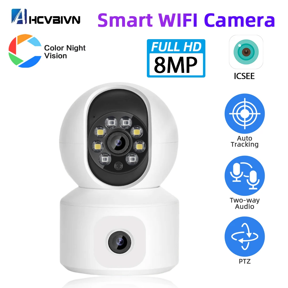 4K WiFi IP PTZ Beveiligingscamera Dual Lens Indoor Kleur Nachtzicht Bewakingscamera's Draadloze Auto Tracking Babyfoon Cam