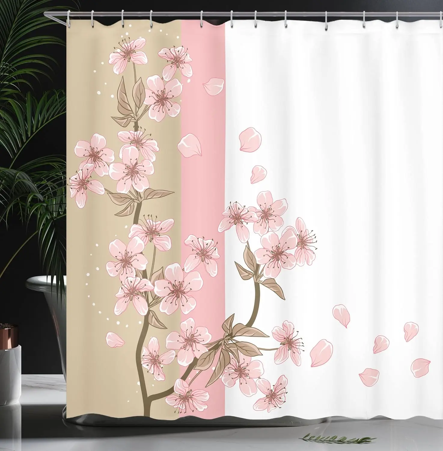 Japanese Shower Curtain Farm House Bathroom Decor Romantic Sakura Bloom Flower Petal Spring Eastern Nature Theme Cloth Fabric