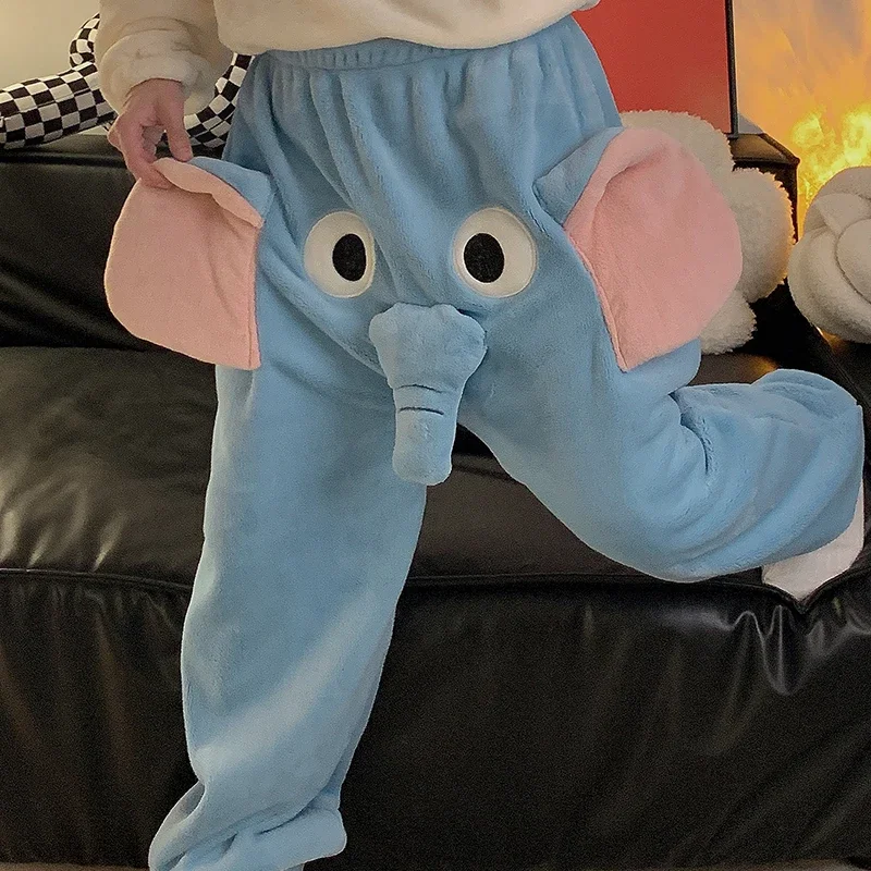 Elephant Pajamas Flannel Sleepwear Pants With Big Nose And Ears Cute Animal Coral velvet Trousers Couple Homewear For Winter new