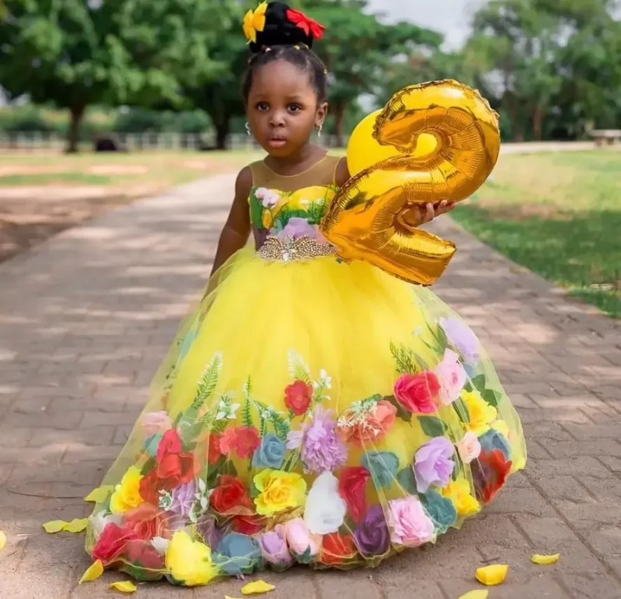 

Yellow Toddler Beaded Flower Girl Dresses For Wedding Sheer Jewel Neck 3D Appliqued Pageant Gowns Tulle First Communion Dress