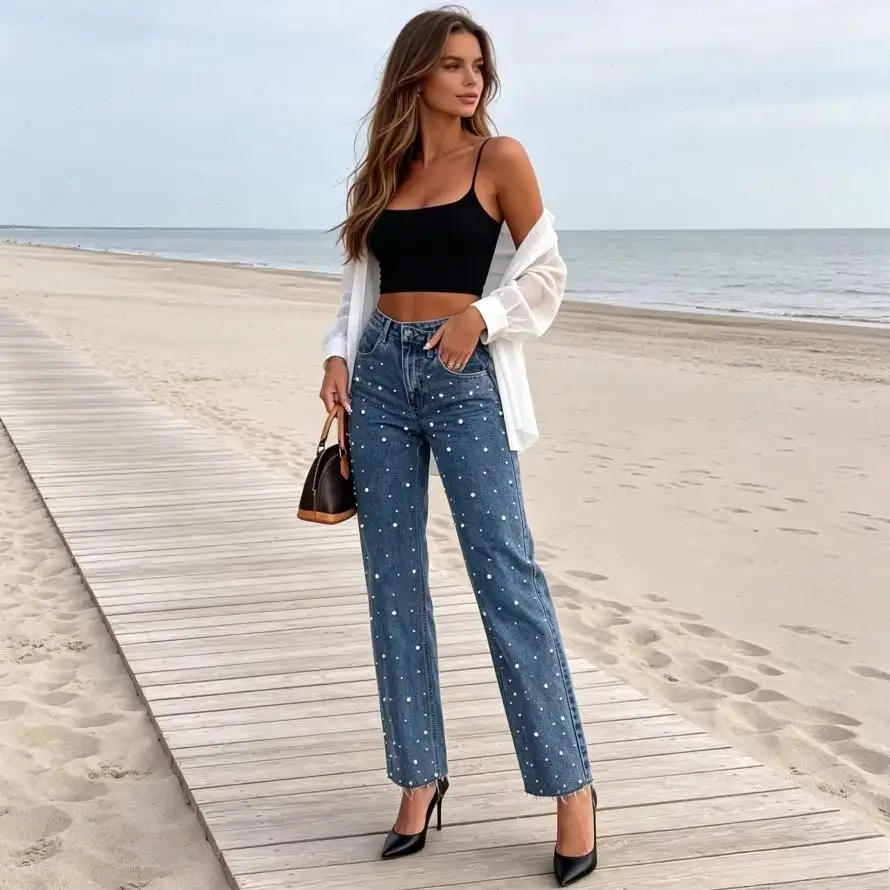 Pant Women Jeans Vintage Straight Pants Beaded Pearls Frayed Hem Irregular Waist Trousers Y2k Streetwear Elegant Splice Work