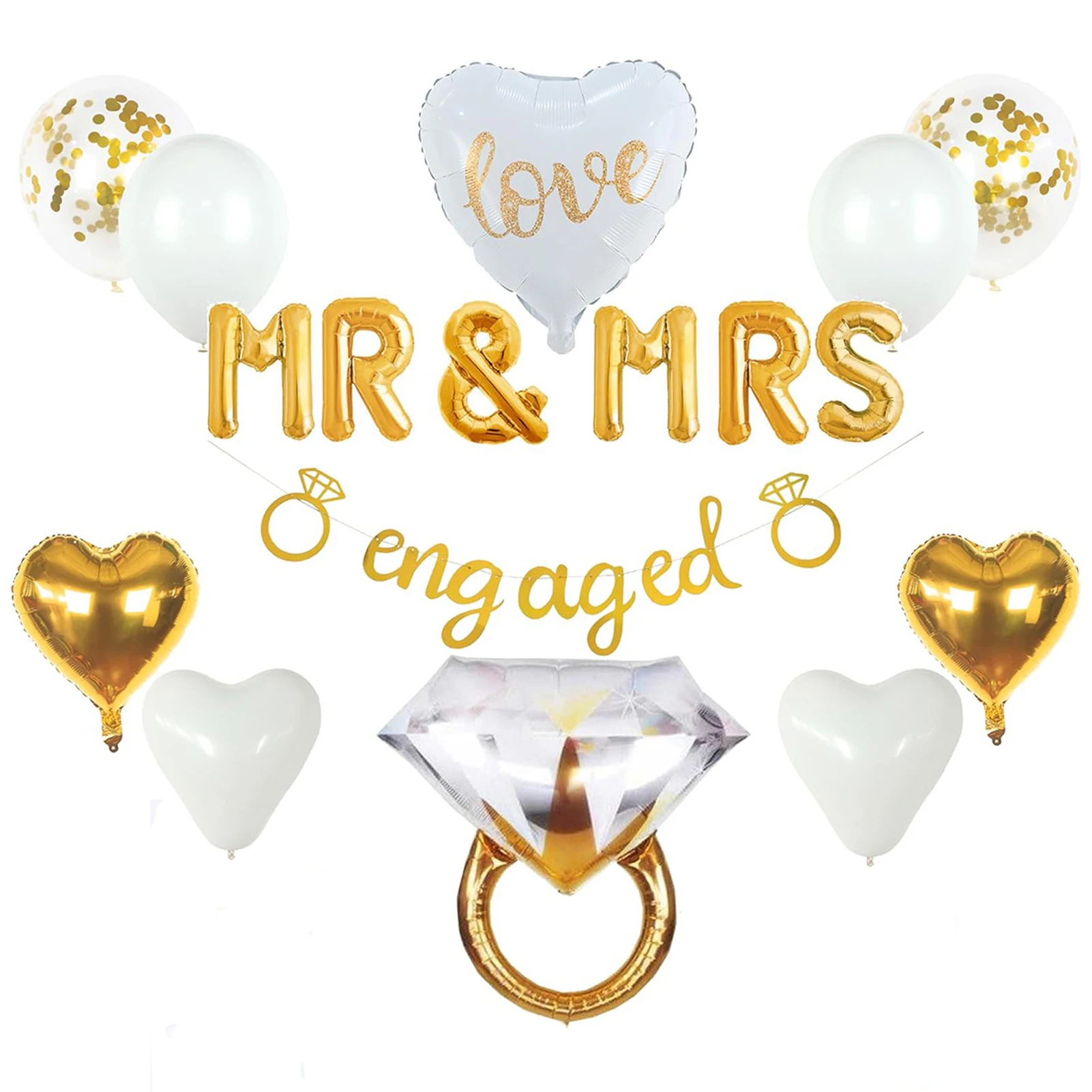 17pcs Engagement Party Decortion Kit Photo Prop Art Craft With Balloon Round Backdrop Mr Mrs Engaged Banner DIY Diamond Ring