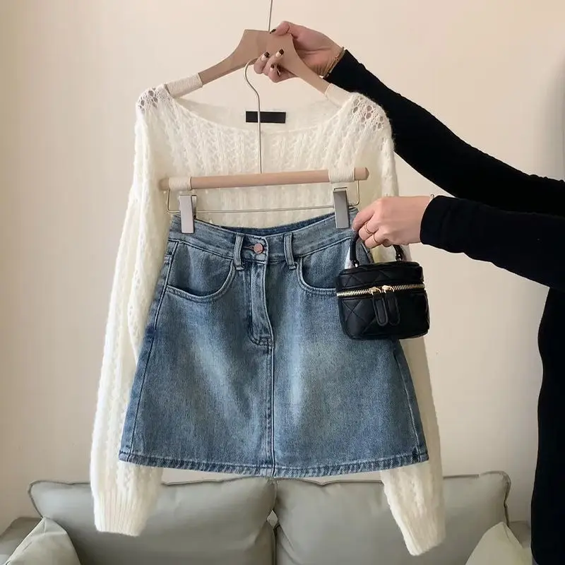 Autumn Gentle Department Wear Female 2023 New Korean Hollow Design White Blouse Denim Skirt Two-piece Set