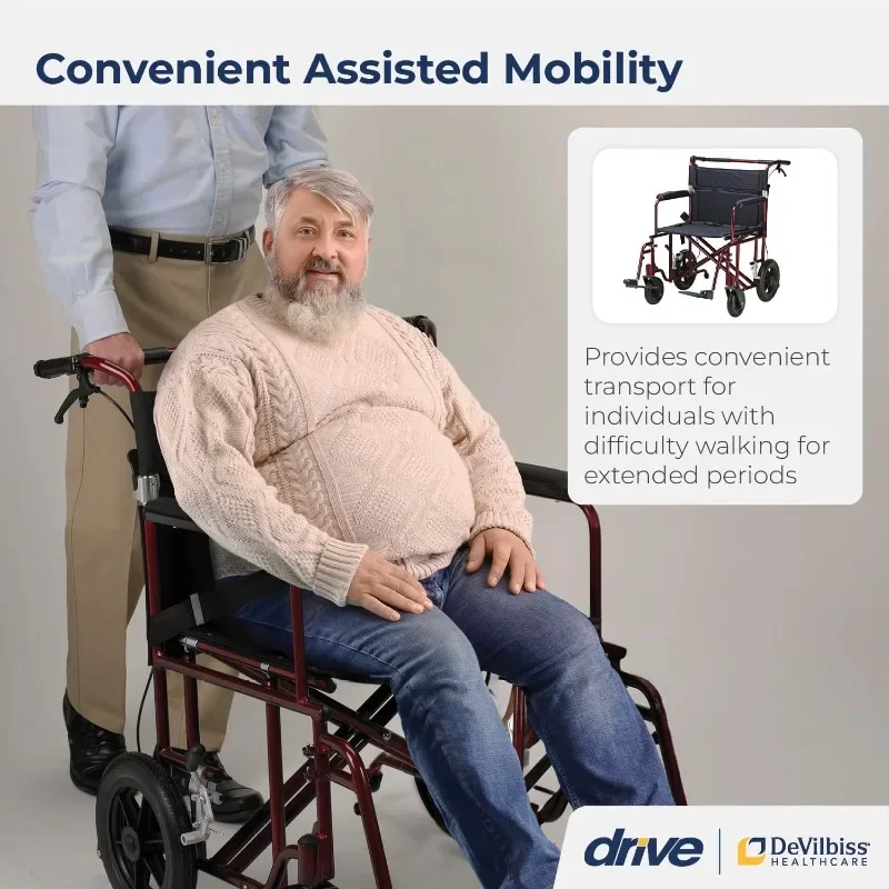 كرسي نقل بارياتيري قابل للطي في الهواء الطلق بأذرع كاملة الطول مع عجلات خلفية مسطحة مقاس 12 بوصة، أحمر، 22 بوصة