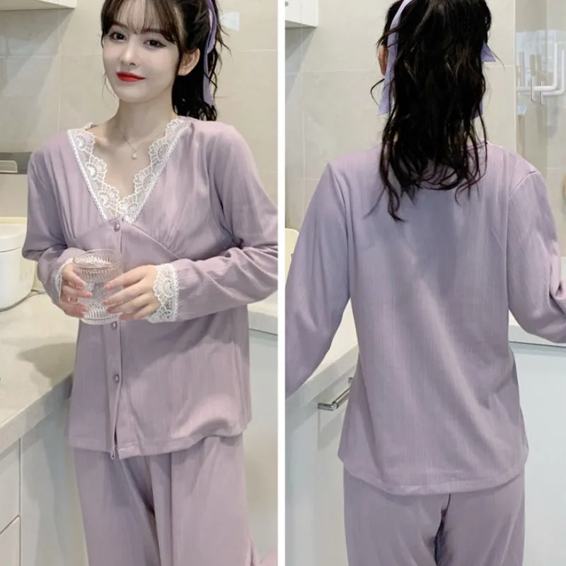 Spring Autumn Loose Pajamas Women Sweet Cardigans Lace Sleepwear Suits 2024 New Solid Colors Small Fragrances Cute Homewear