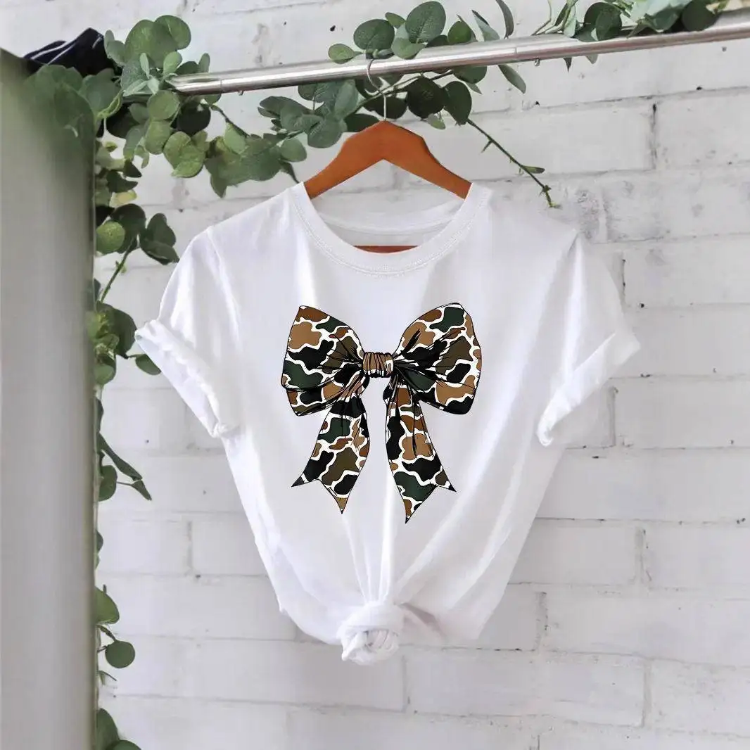 Camo Coquette Bow Duck Hunt Shirt 100% Cotton Short Sleeve round Neck Print Summer Top for Men And Women