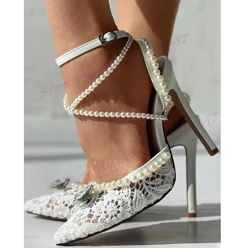 

White Lace Crystal Pearl Decor Pumps Ankle Strap Pointed Toe Shoes for Women Stilettos High Heels Shoes 2024 Zapatos Para Mujere