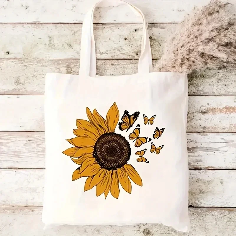 

2026 Sunflower printed canvas handbag, cartoon-style shoulder bag, suitable for both women and men to use