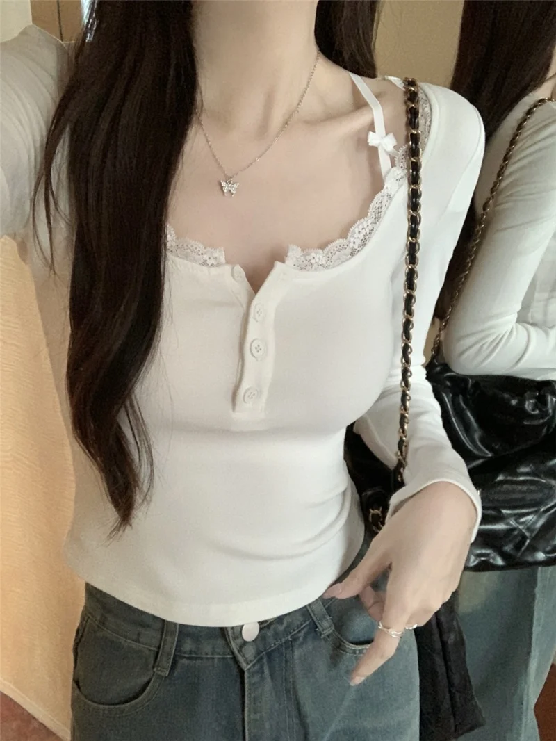 

Шикарная женская теплая футболка с длинным рукавом на осень-зиму, с флисовой подкладкой и кружевными вставками, элегантный красивый топ Pure Desire Spicy Girl