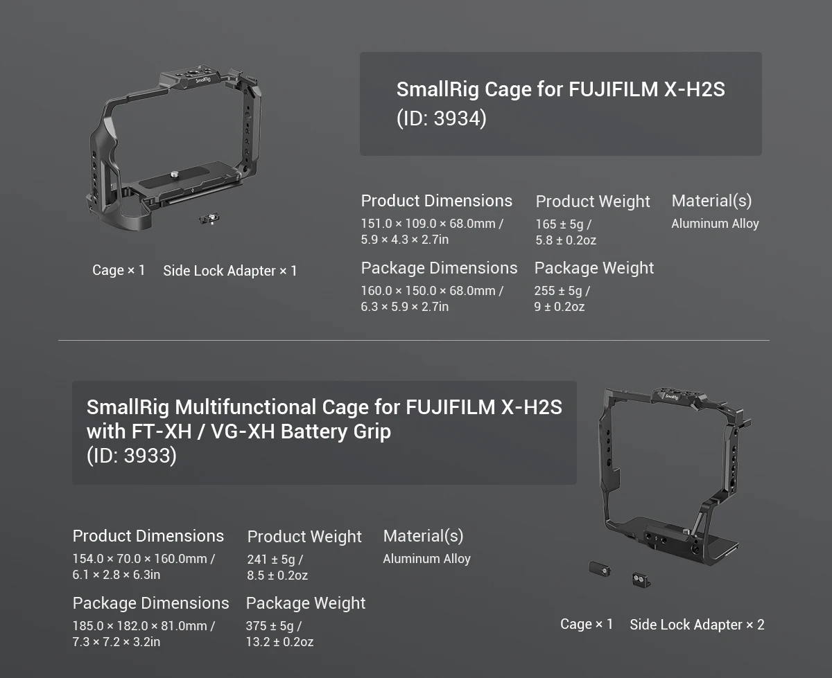 SmallRig Multifunctional Cage for FUJIFILM X-H2S with FT-XH / VG-XH Battery Grip Bottom with Arca-Swiss Quick Release Plate 3933