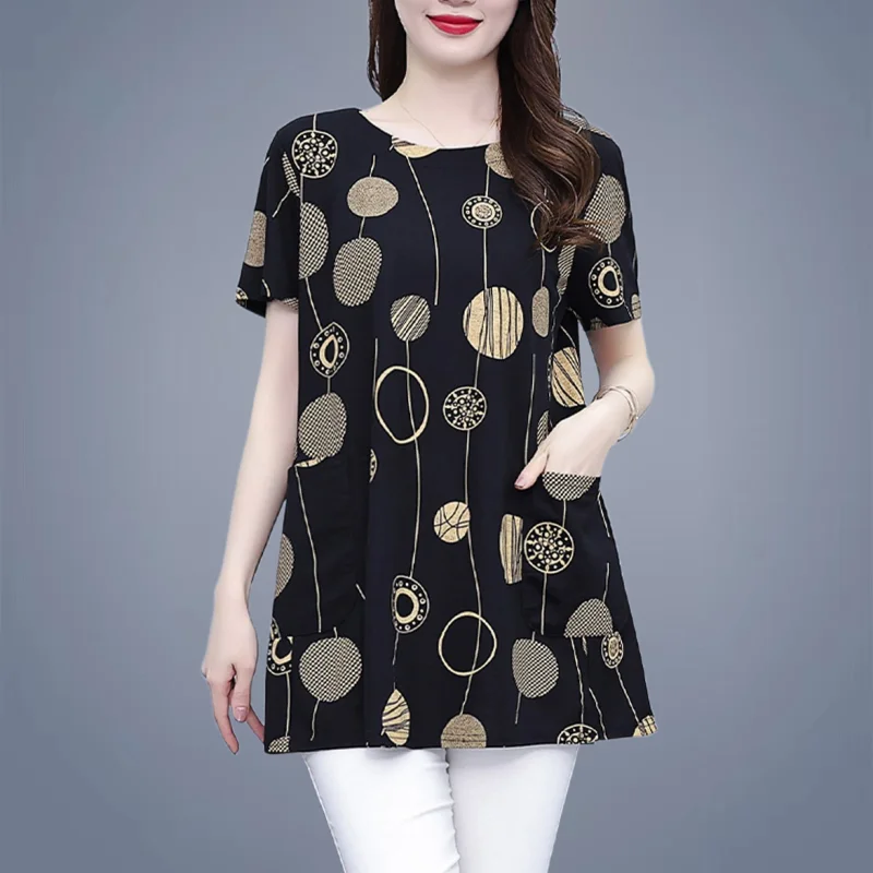 

Pure Cotton 200 Kilogram Fat Mother Loose Age-reducing Slimming Print Summer T-shirt Meat Covering High-end Tops for Women