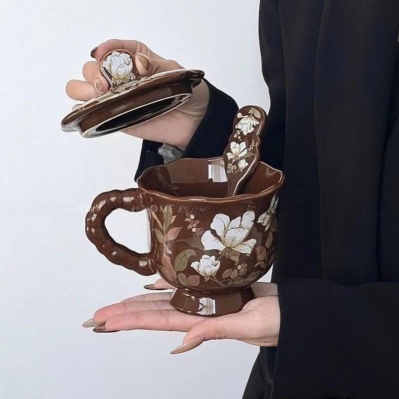 Vintage Flower Ceramic Mug, Couple Water Cup, Coffee Mugs, Medieval Style Afternoon Tea Cup, Office Oat Milk Cups, Birthday Gift