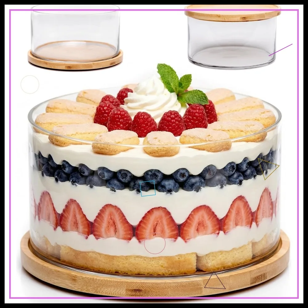 

10-дюймовая прозрачная стеклянная салатница с бамбуковой крышкой - ручной работы, герметичная, для салатов, десертов, фруктов - очень большая XXL