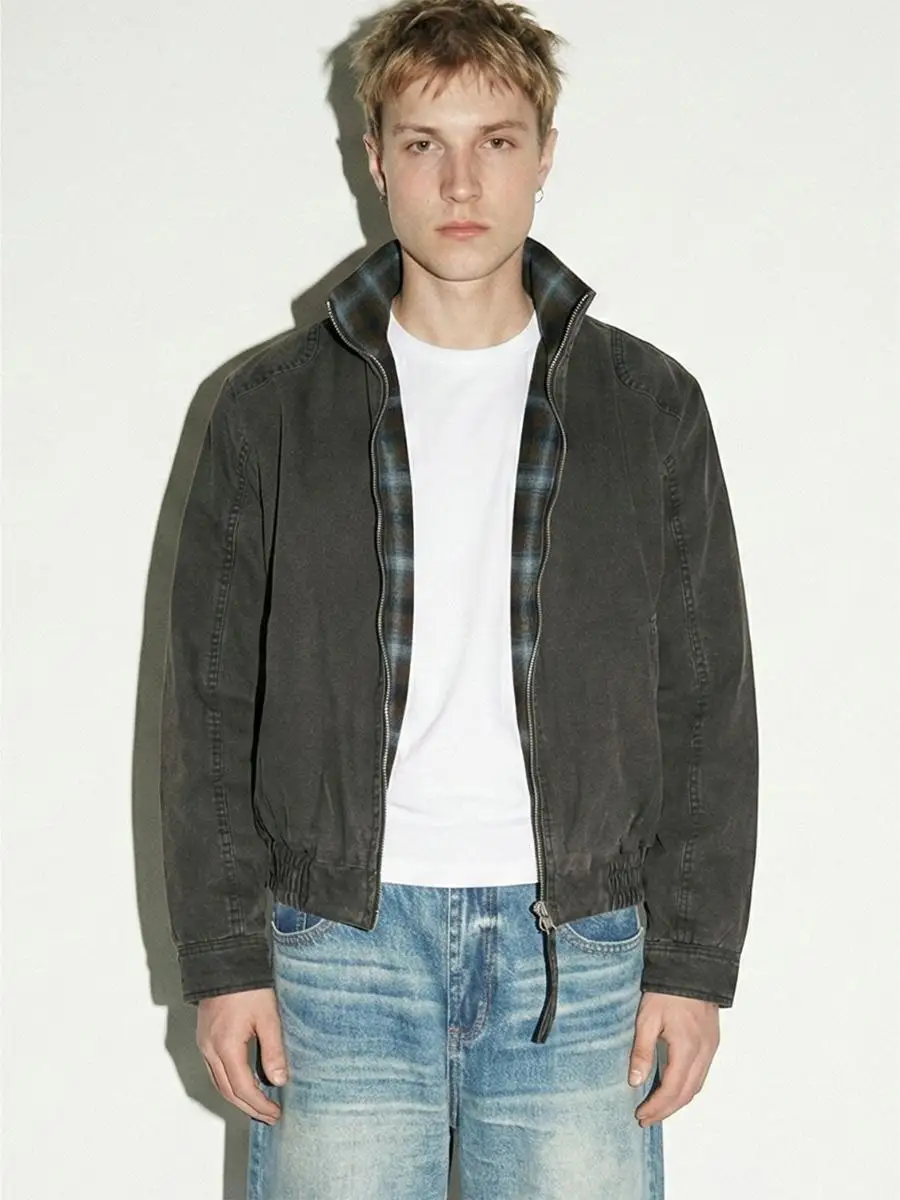 

Double-Sided Wear Thiened Stand Collar Jaet American Retro adient Plaid Men's Winter Warm Cotton Coat EME