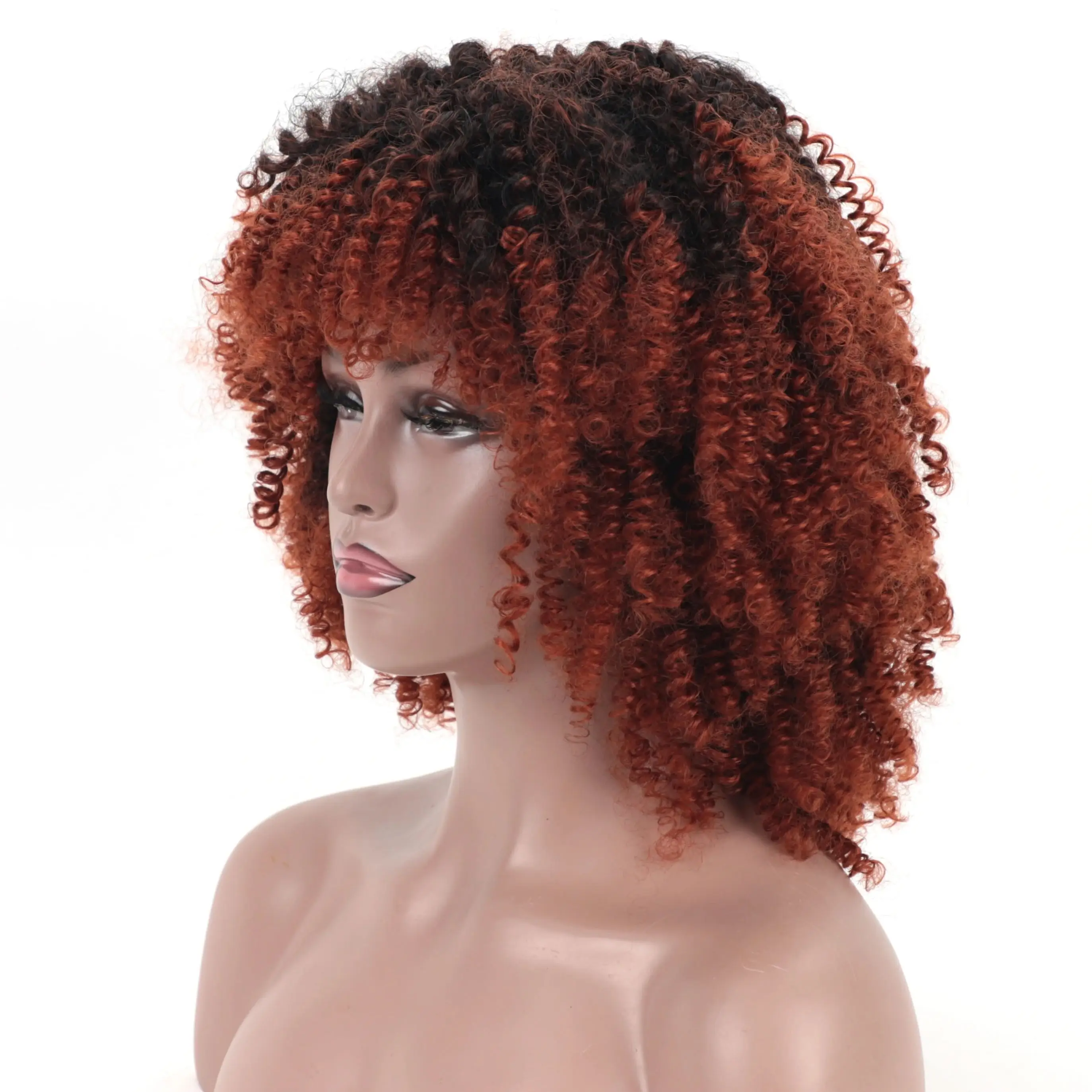 MSIWIGS Short Afro Kinkly Curly Ombre Synthetic Wig with Bangs for Women Daily Headgear