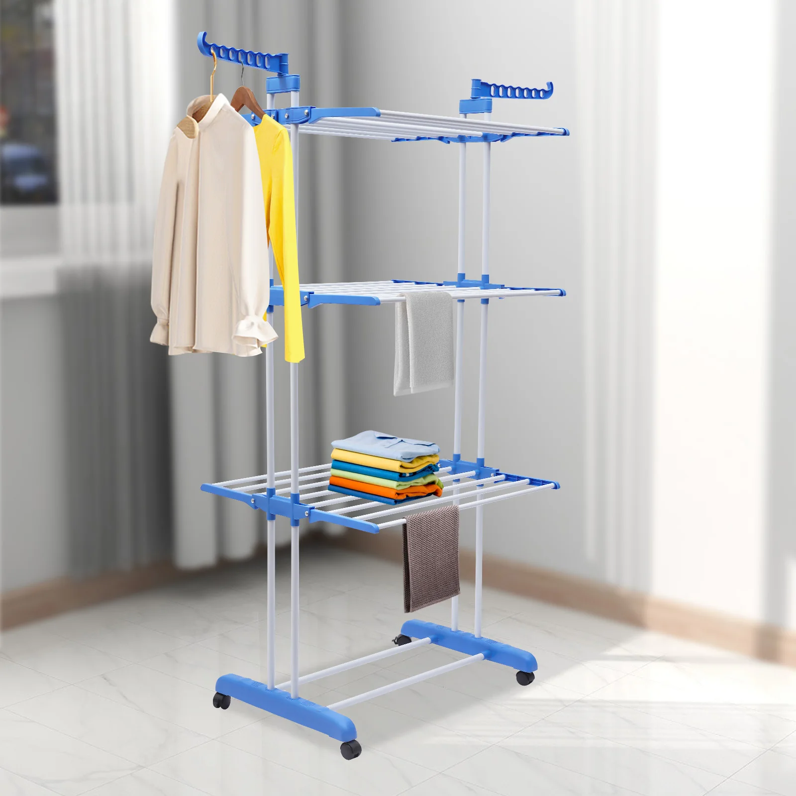 4-Tier Stainless Steel Folding Clothes Rail Blue , Rectangular Folding Rolling Dryer Hanger Free Stand Laundry Organizer