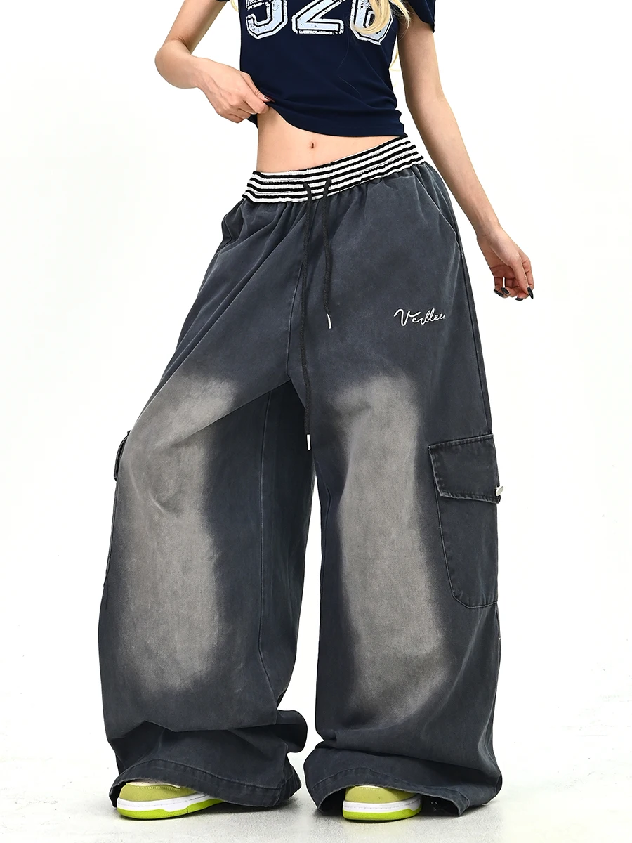 Wide Leg Striped Patchwork Denim Jeans Women's Spring 2026 New Loose Bf Korean Style Streetwear with Big Pockets Youth Wear