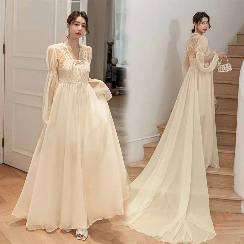 

Sexy Lace Wedding Bridal Morning Gown French Court Style Tailed Robe Women Elegant Luxury Nightwear Spaghetti Strap Bathrobe Set