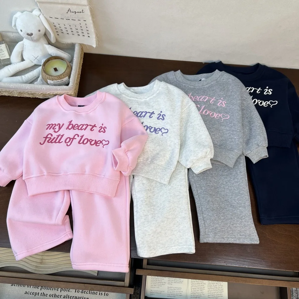 2026 Winter New Children Warm Fleece Clothes Set Boys Girls Letter Embroidery Sweatshirt + Pants 2pcs Suit Toddler Outfits