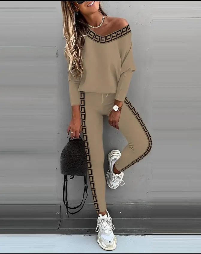 Autumn Printed 2 Piece Set Women Casual Sport Twp Piece Outfit V Neck Tops Jogger Pants Suit Sets Women Tracksuit Clothes