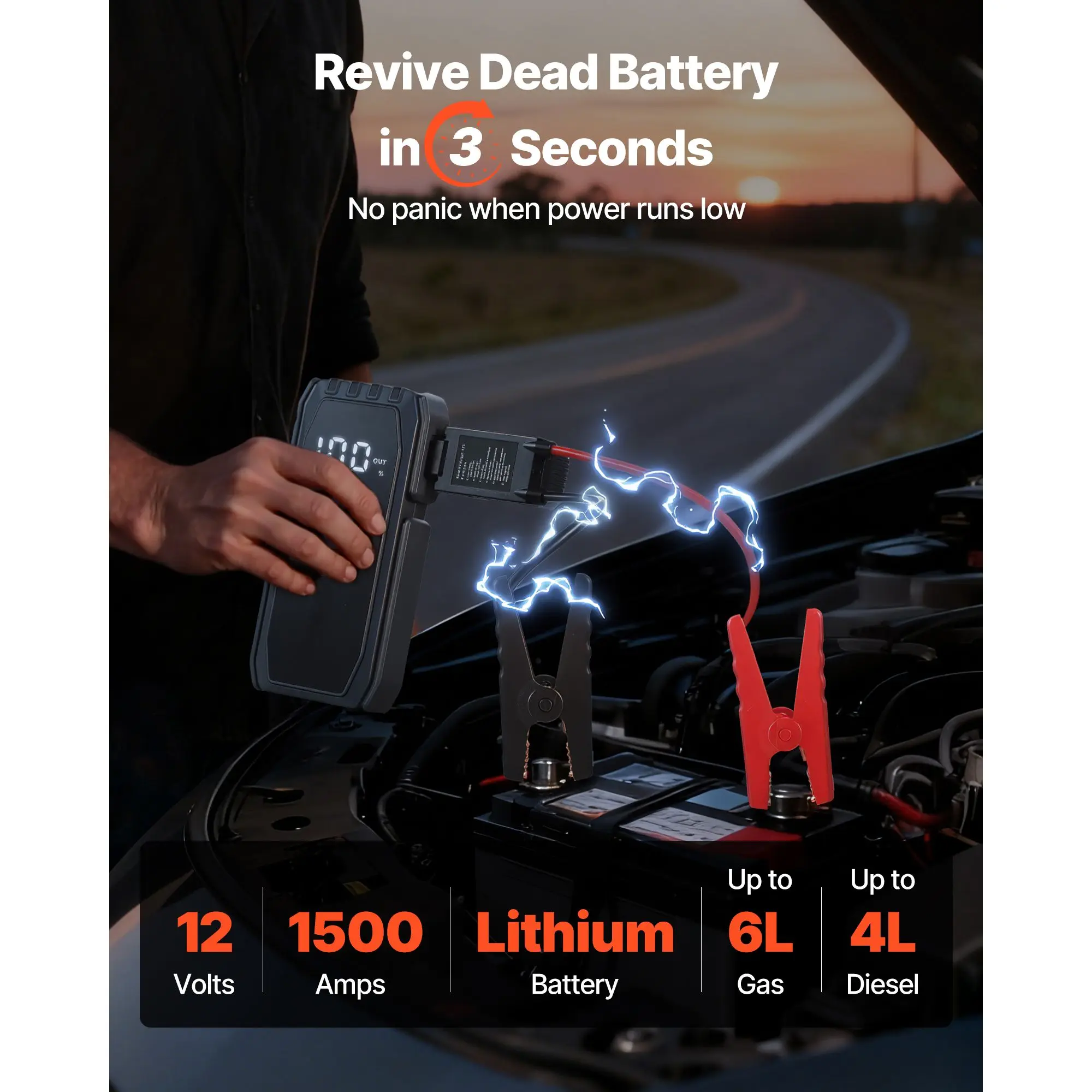 Jump Starter, 1500A Peak, Car Jumper Battery Pack, 12V Portable Lithium Booster, Box Power Bank with 3 Modes Flashlight and