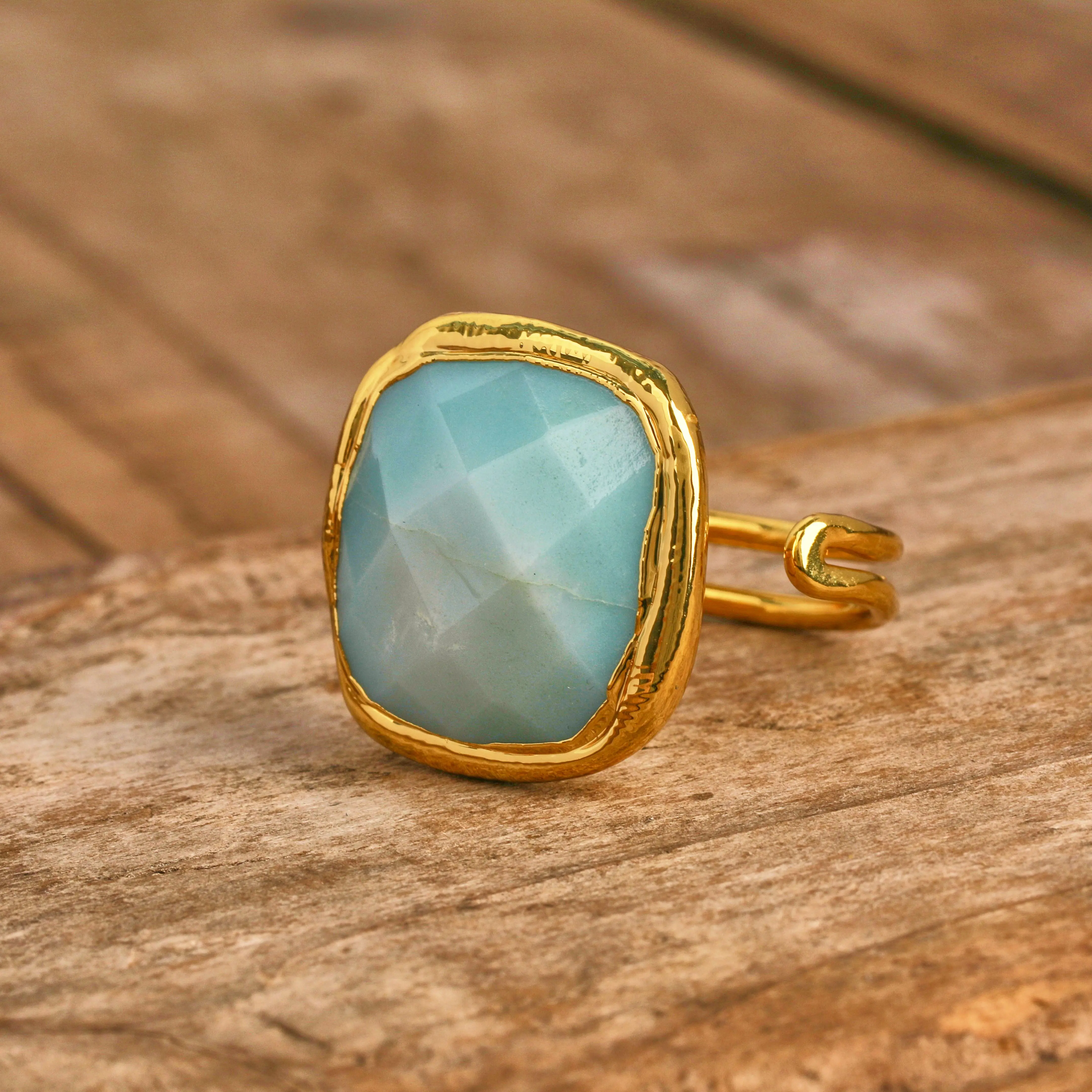 

18K Gold Electroplated Classic and Trendy for Amazonite Squares Ring with Natural Gemstone Adjustable Opening for Gift