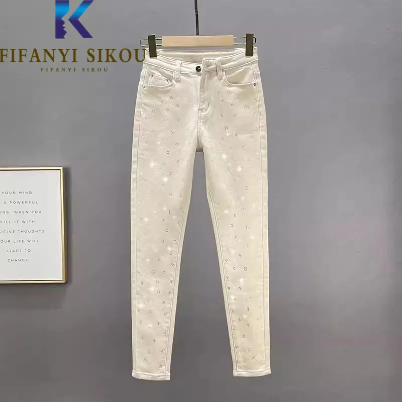 

Autumn Winter Jeans Women Letter Diamonds Fashion Slim Stretch Jeans Pocket Casual High Waist Washed Denim Pencil Pants Female