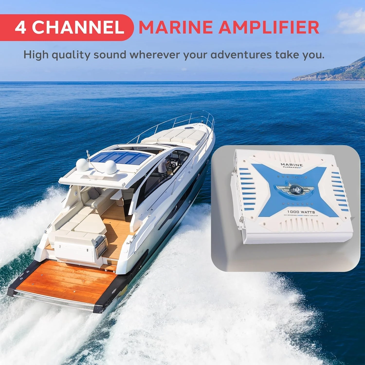 

1000W Bluetooth Marine Amplifier Receiver - Waterproof 4-Channel Bridgeable Audio Amp with Dual MOSFET Power Supply