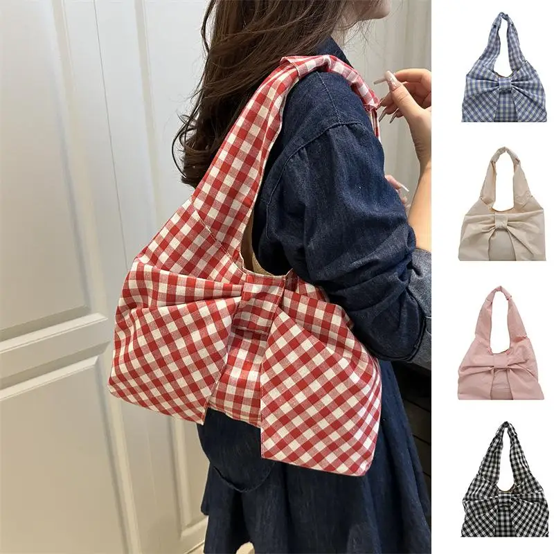 

Винтажная клетчатая сумка на плечо с бантом, корейская модная милая сумка, большая вместительная сумка, универсальные холщовые сумки для девочек, подарок