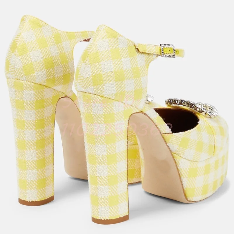 Satin Yellow Crystal Sweet Platform Pumps Round Toe Buckle Ankle Strap Chunky High Heels Sandals Women Party Lolita Dress Shoes