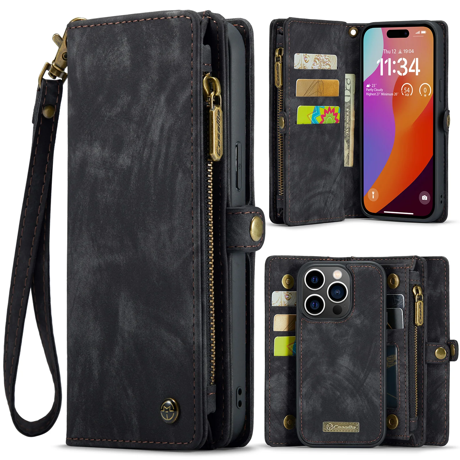 

CaseMe Shockproof Leather Detachable Card Holder Wallet Case for iPhone 16 Pro Max 15 14 13 12, Zipper Purse Stand Phone Cover