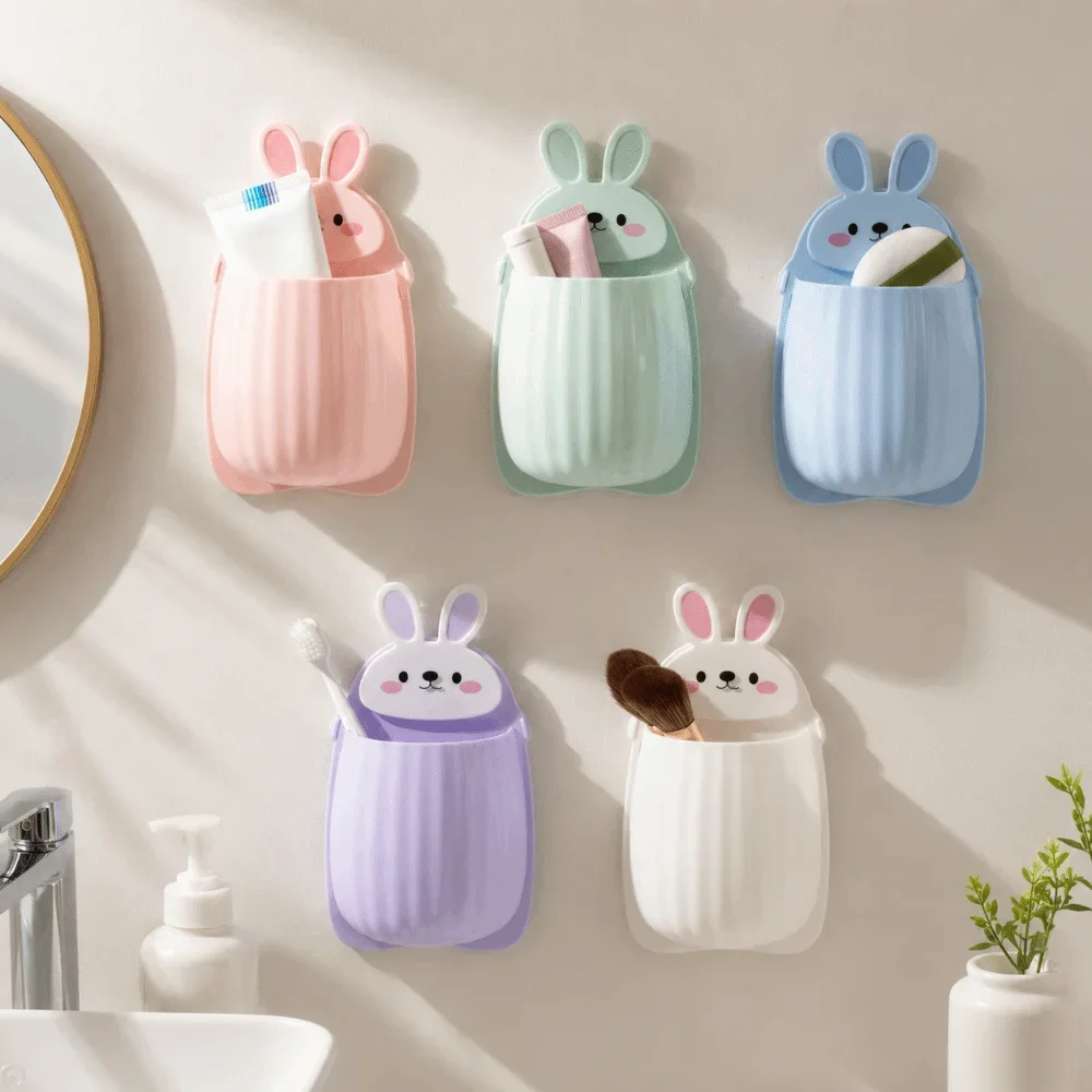 Self Adhesive Toothbrush Storage Rack Multi-functional Wall Hanging Wall-Mounted Storage Box Rabbit Cute Toothpaste Organizer